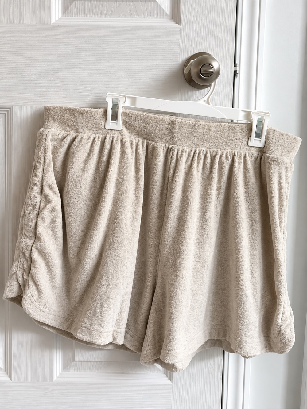Beige Terry Cloth Shorts, Swim Cover-Up - Women's Comfortable Elastic Waist